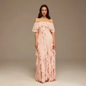 Pink Chiffon Off Shoulder Maxi Dress With Ruffles