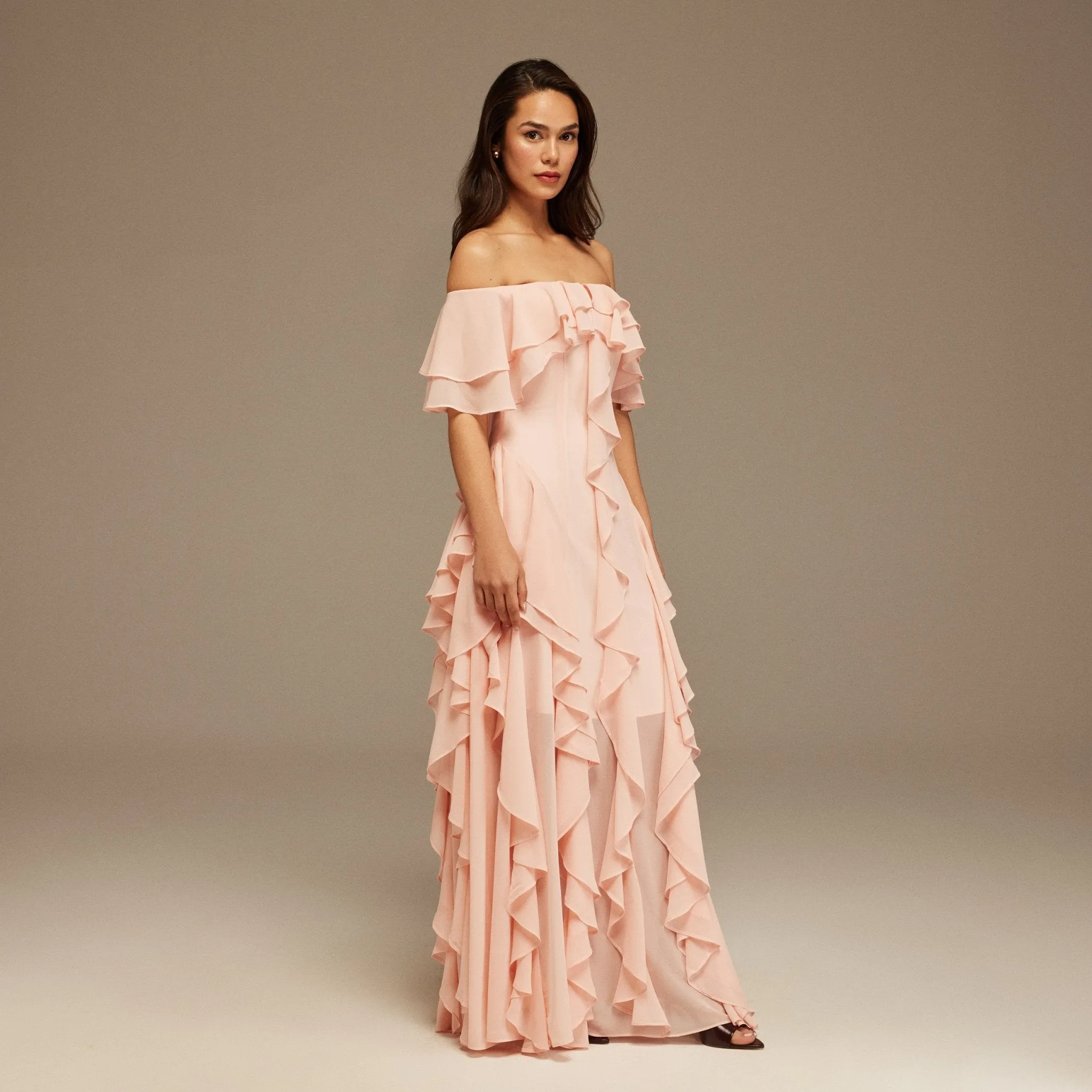Pink Chiffon Off Shoulder Maxi Dress With Ruffles