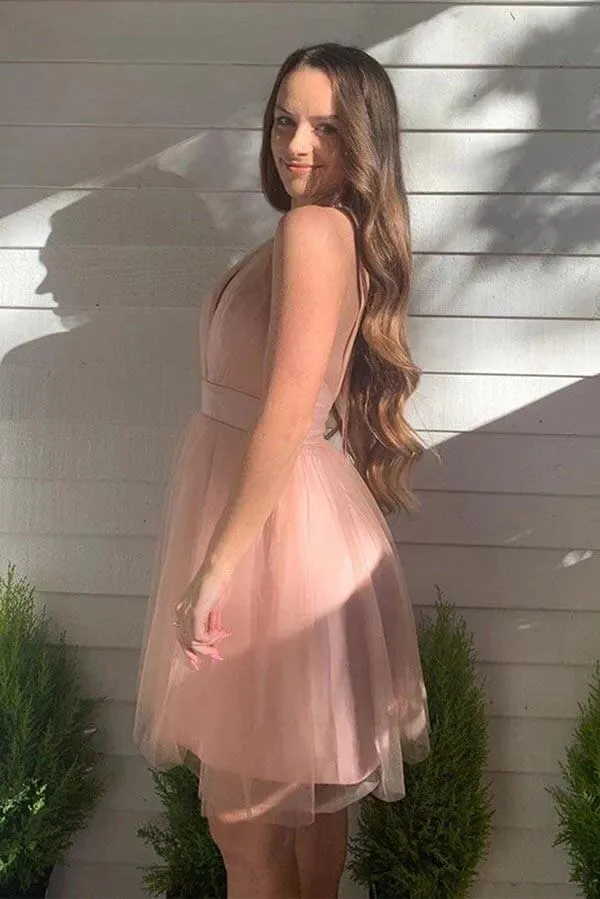 Pink Tulle A-line Halter Backless Homecoming Dresses, Short Party Dress, MH611