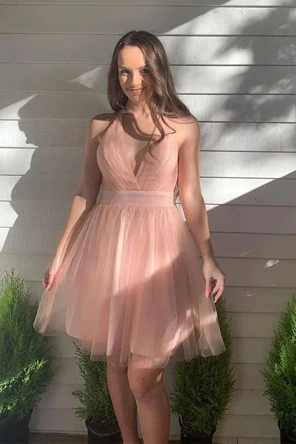 Pink Tulle A-line Halter Backless Homecoming Dresses, Short Party Dress, MH611
