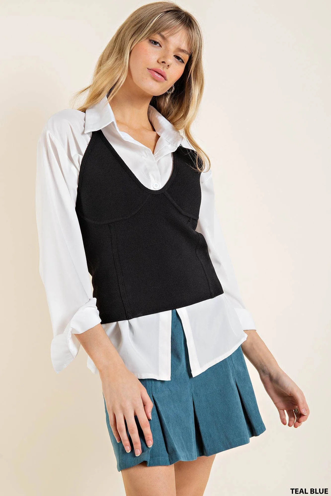 Pleated Corduroy Mini Skirt (Teal Blue)
