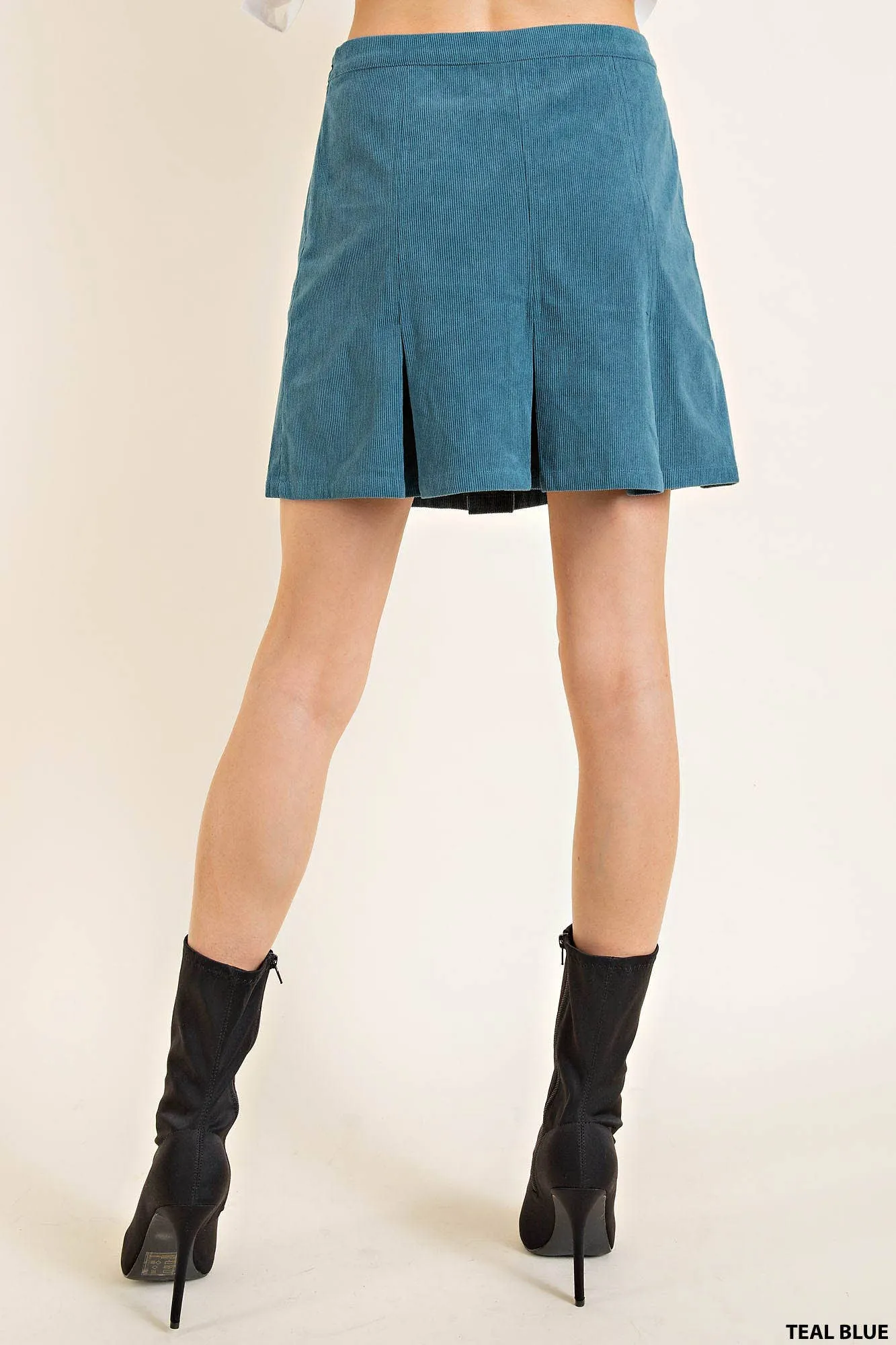 Pleated Corduroy Mini Skirt (Teal Blue)
