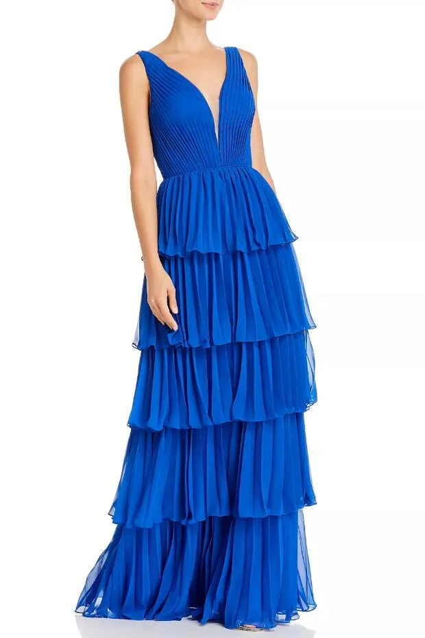Pleated Tier Royal Blue Prom Gown with Plunging Neckline