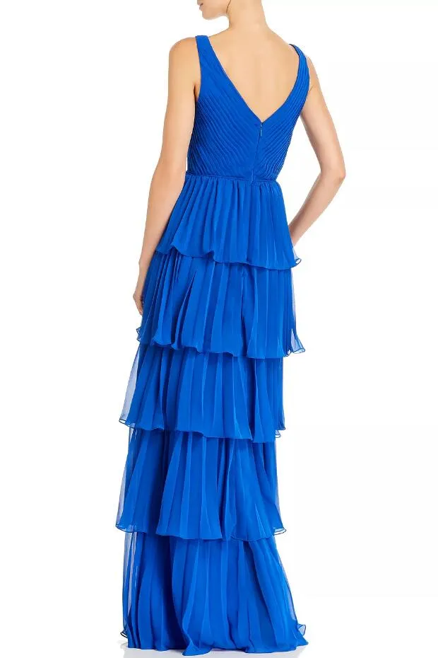 Pleated Tier Royal Blue Prom Gown with Plunging Neckline