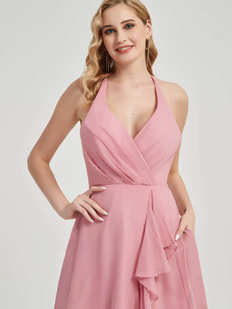 Plum V-Neck Backless High Low Chiffon Maxi Bridesmaid Dress With Pocket