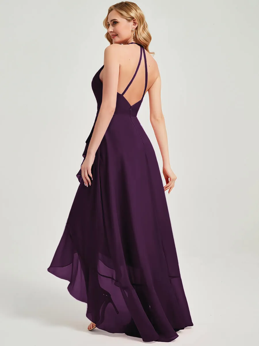 Plum V-Neck Backless High Low Chiffon Maxi Bridesmaid Dress With Pocket