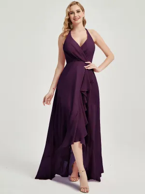 Plum V-Neck Backless High Low Chiffon Maxi Bridesmaid Dress With Pocket