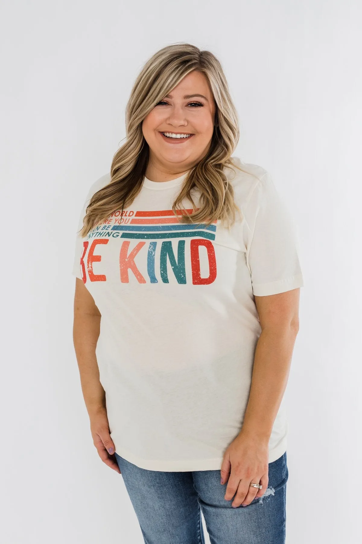 "Where You Can Be Anything, Be Kind" Colorful Graphic Tee- Cream