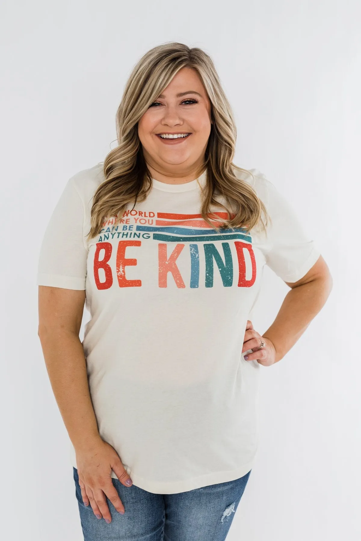 "Where You Can Be Anything, Be Kind" Colorful Graphic Tee- Cream