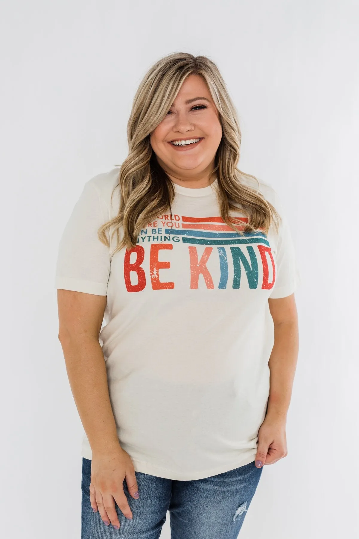 "Where You Can Be Anything, Be Kind" Colorful Graphic Tee- Cream