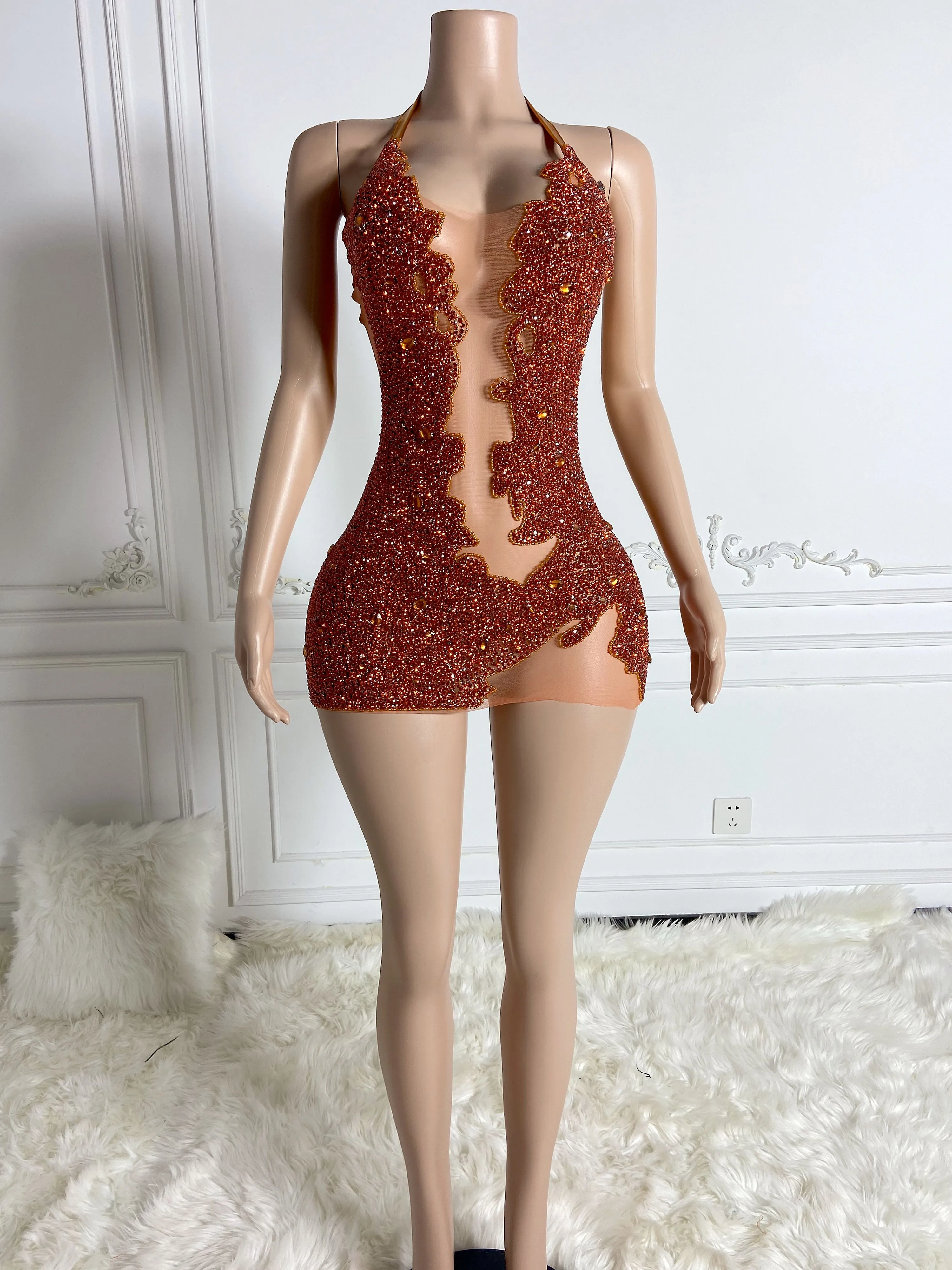 Radiant Orange Glitter Low Cut Mini Dress