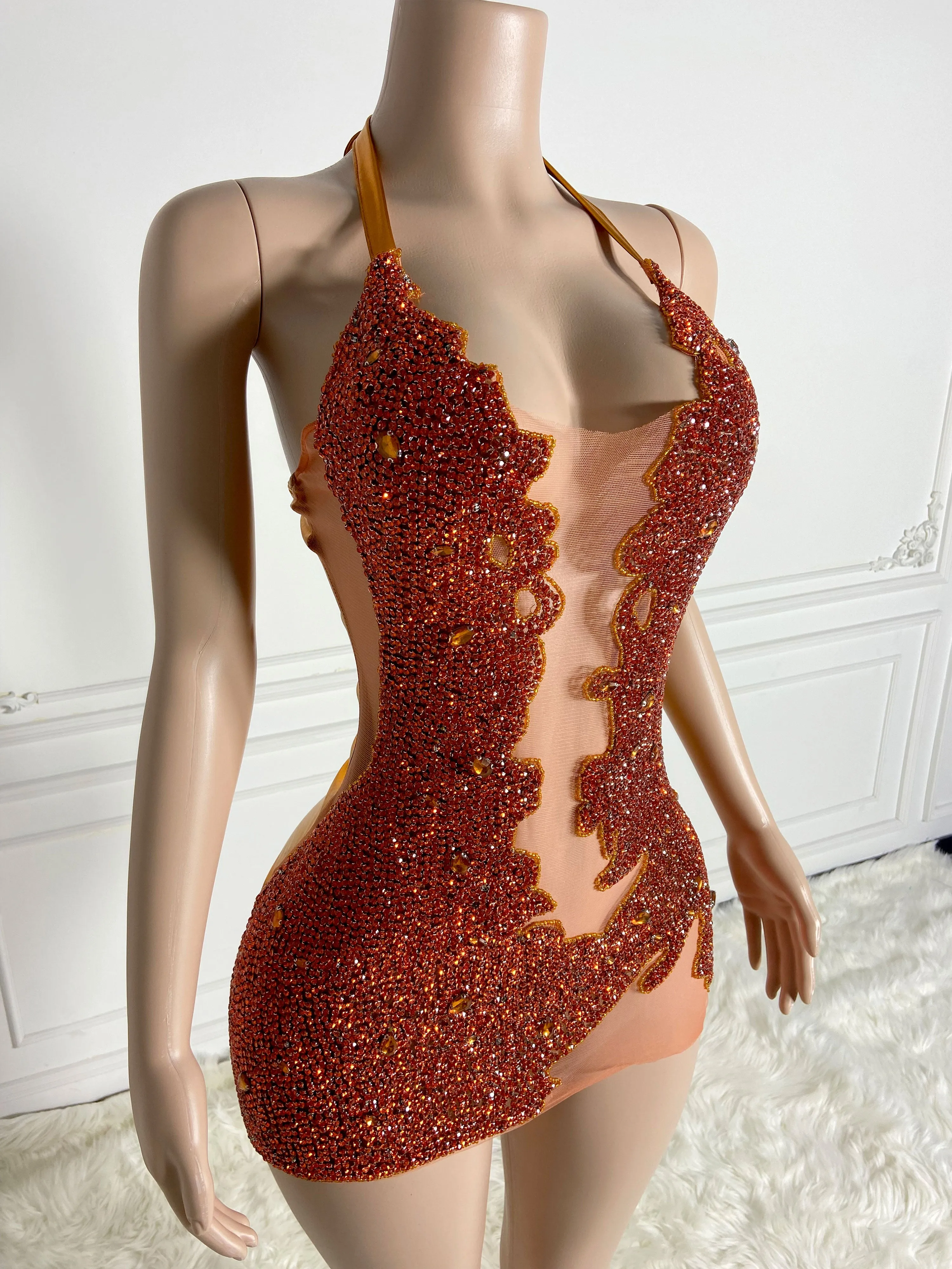 Radiant Orange Glitter Low Cut Mini Dress