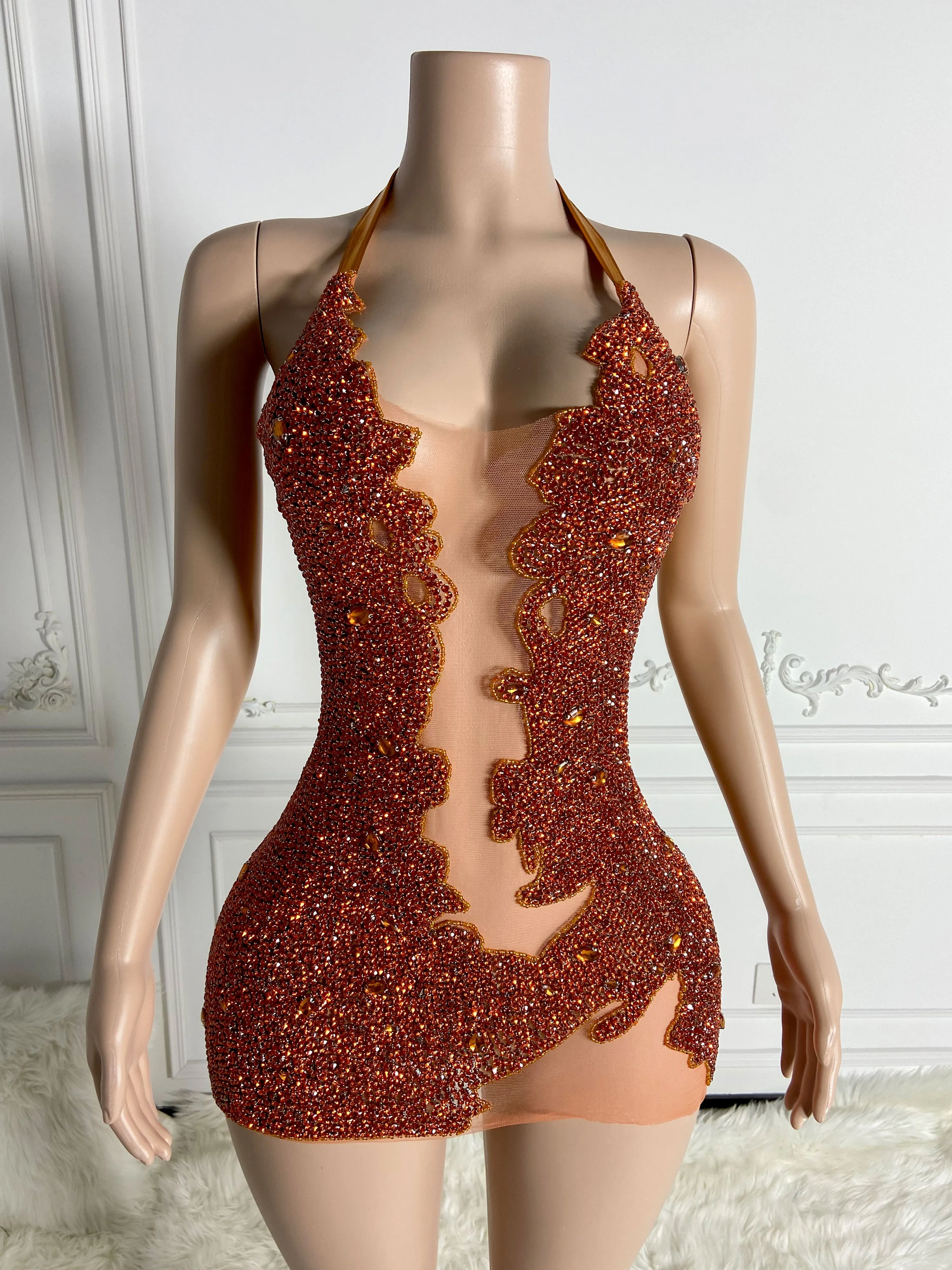Radiant Orange Glitter Low Cut Mini Dress
