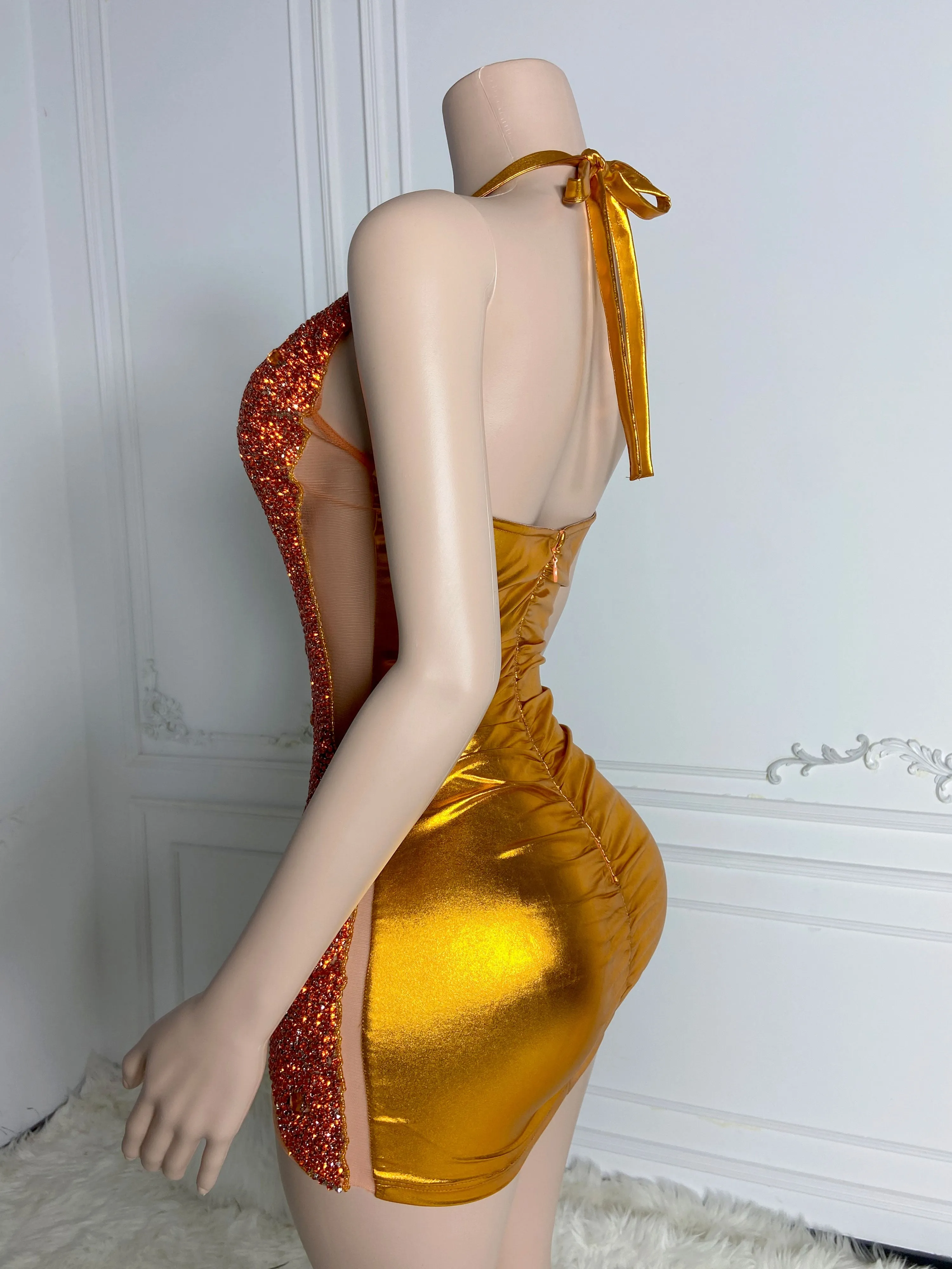 Radiant Orange Glitter Low Cut Mini Dress