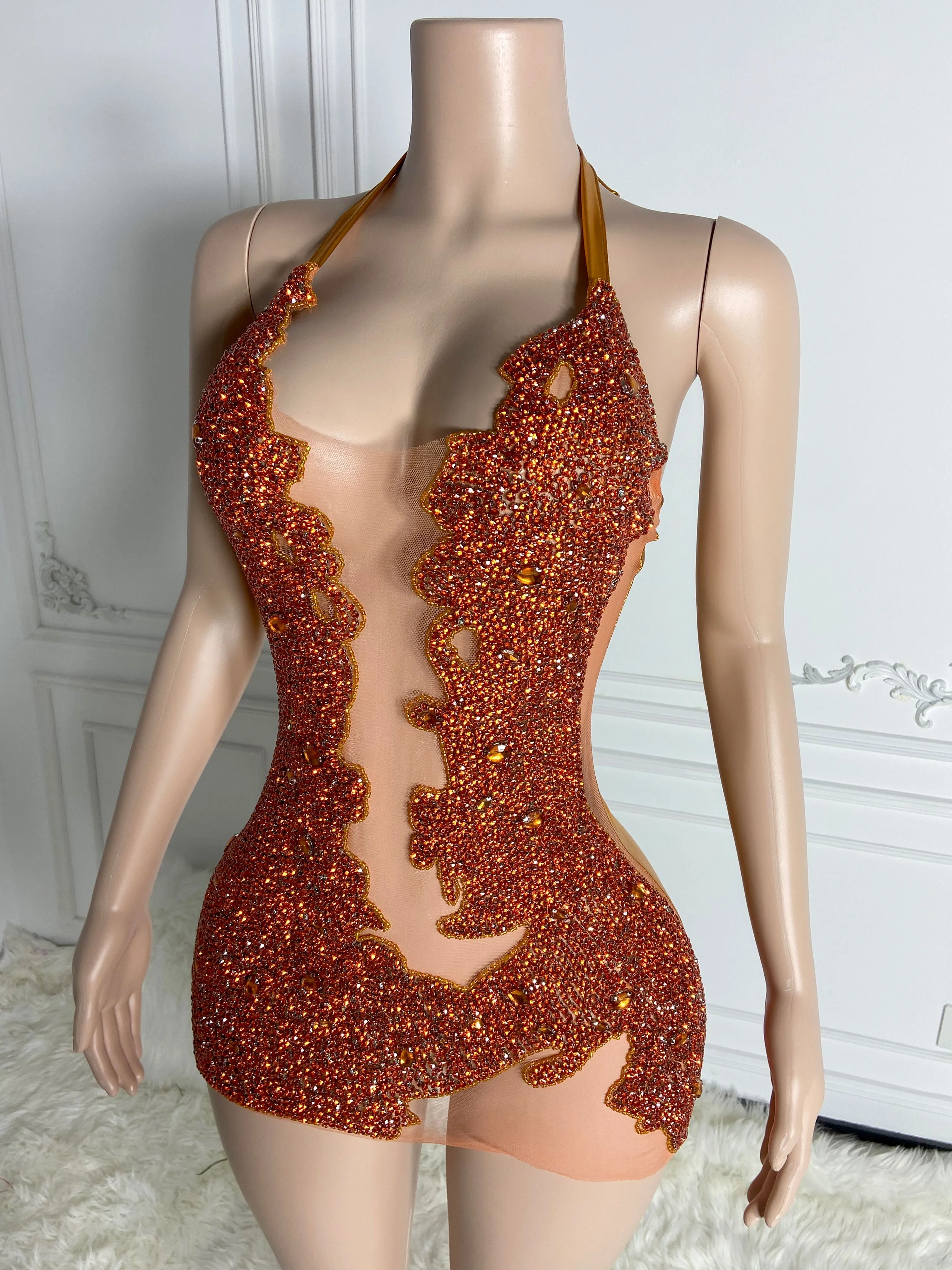 Radiant Orange Glitter Low Cut Mini Dress