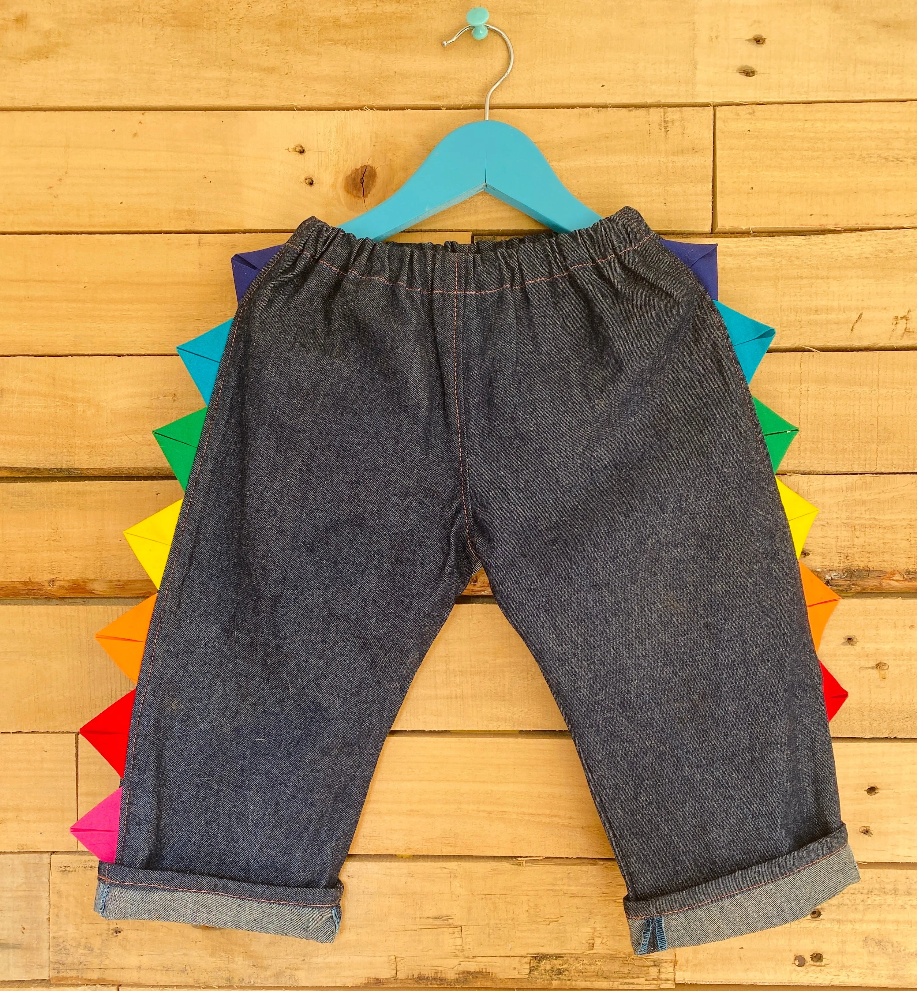 Rainbow dragon pull on denim trouser