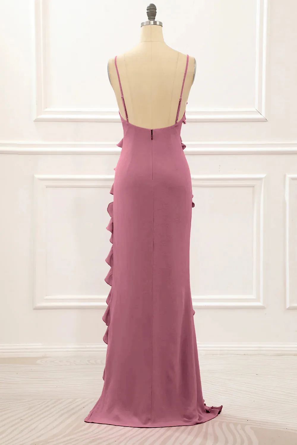 Red Backless Spaghetti Straps Prom Dress With Slit