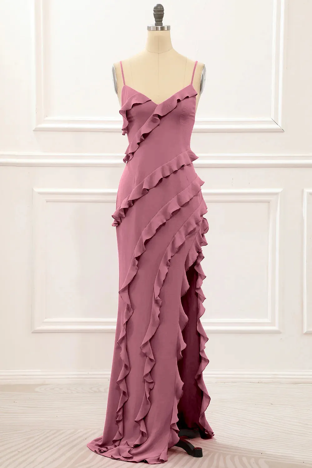 Red Backless Spaghetti Straps Prom Dress With Slit