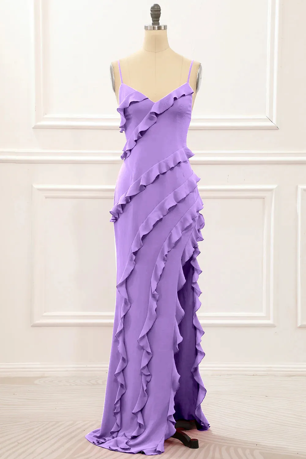Red Backless Spaghetti Straps Prom Dress With Slit