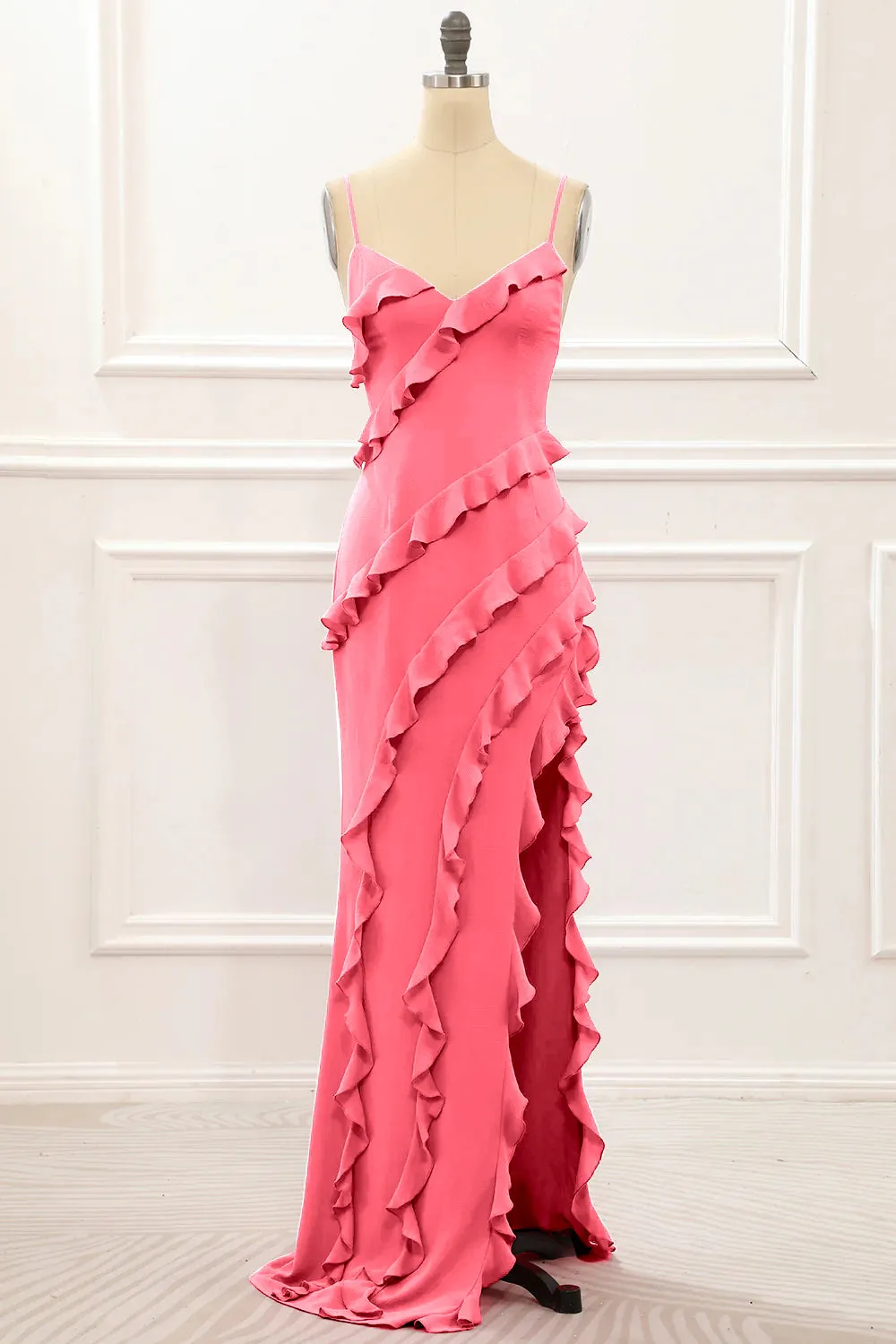 Red Backless Spaghetti Straps Prom Dress With Slit