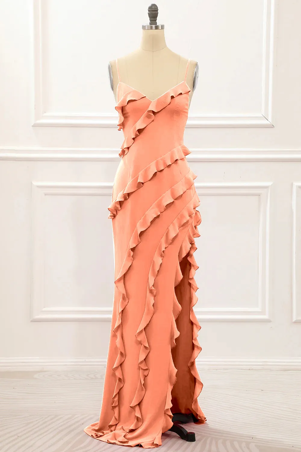 Red Backless Spaghetti Straps Prom Dress With Slit