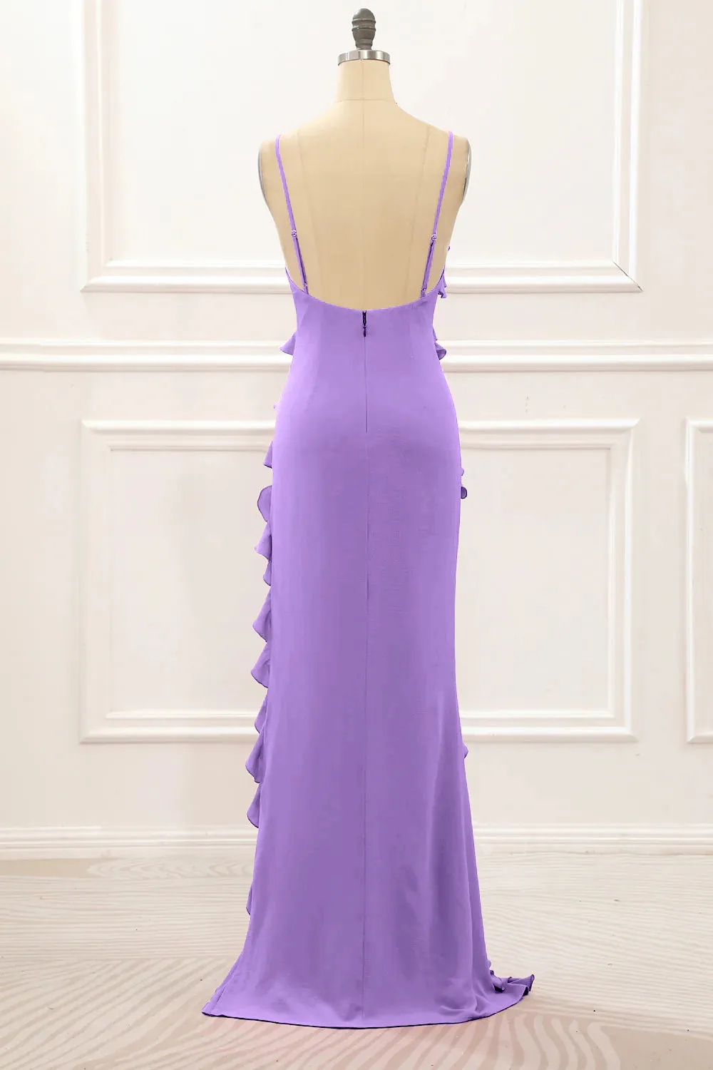 Red Backless Spaghetti Straps Prom Dress With Slit