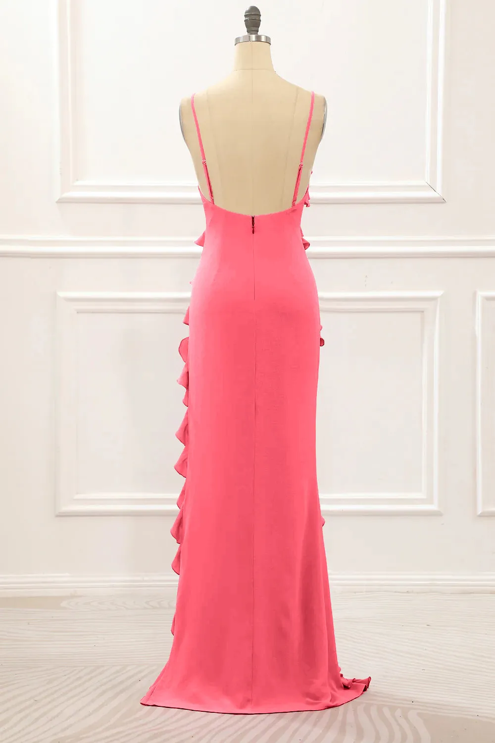 Red Backless Spaghetti Straps Prom Dress With Slit