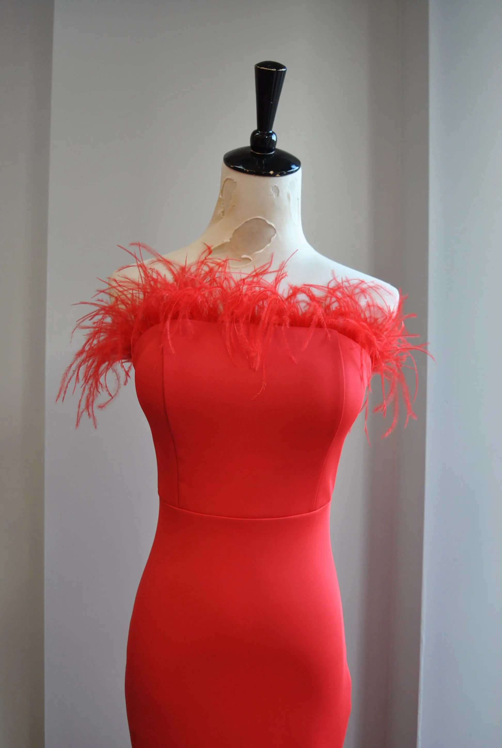 RED EVENING LONG GOWN WITH FEATHERS