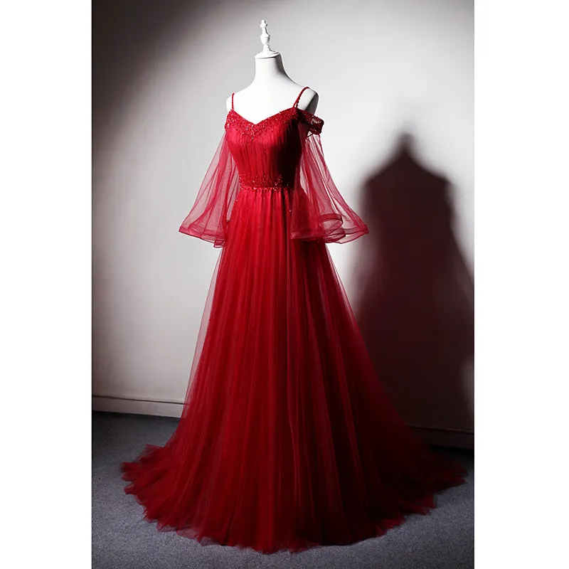 Red Tulle Beautiful Beaded Straps Long Party Dress, Red Off Shoulder Long Sleeves Formal Dress