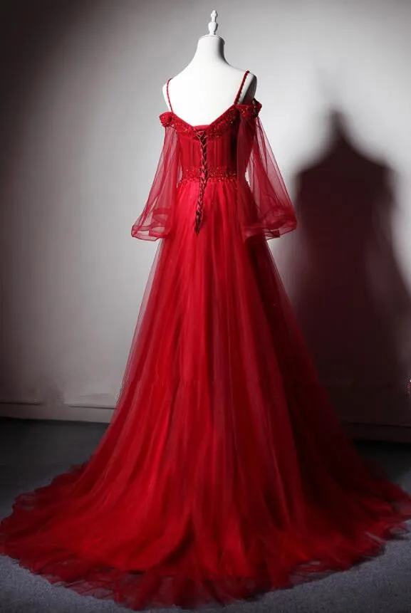 Red Tulle Beautiful Beaded Straps Long Party Dress, Red Off Shoulder Long Sleeves Formal Dress