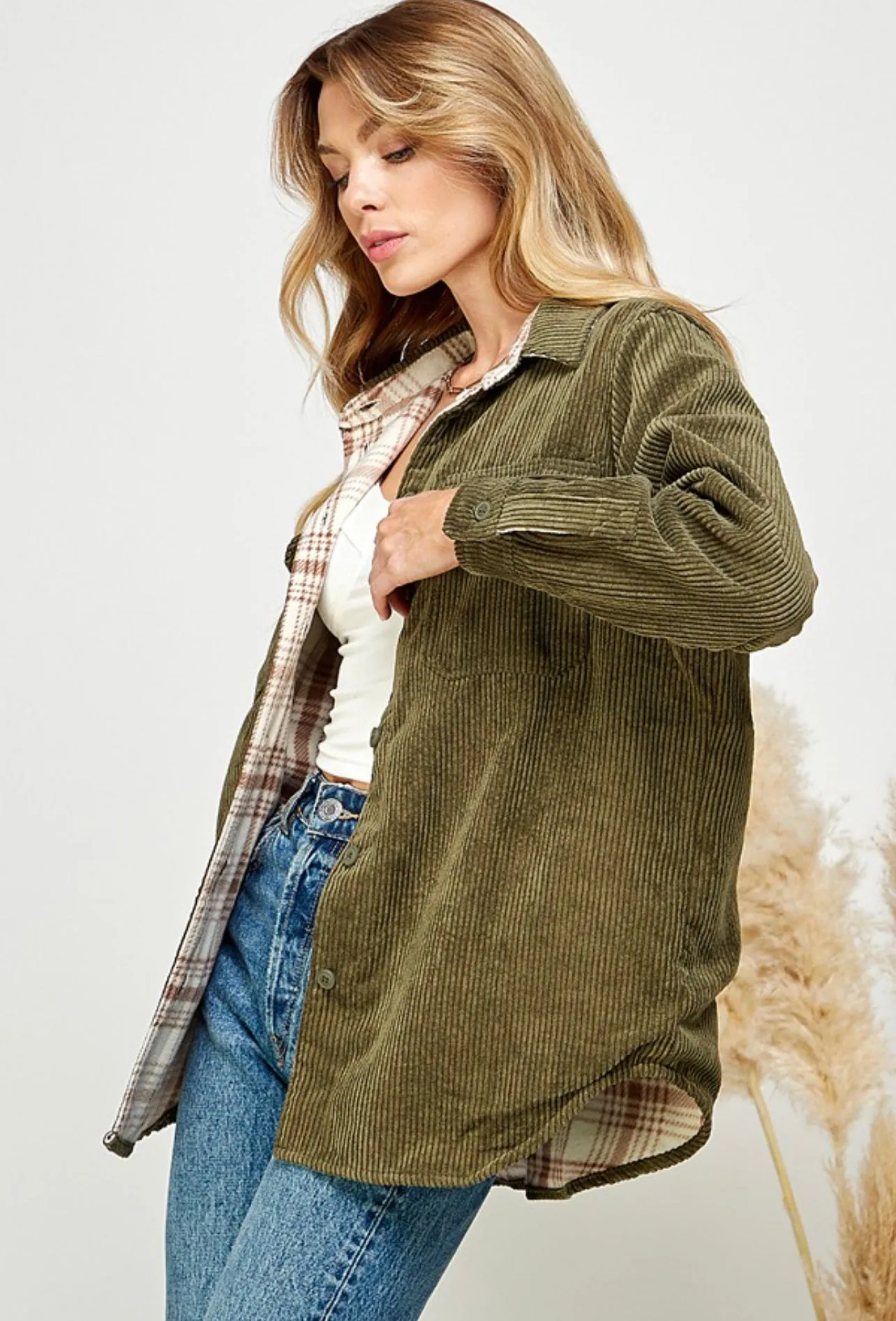 Reversible Corduroy Plaid Shacket