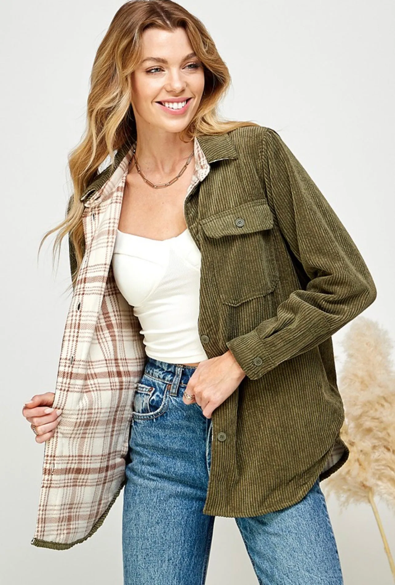 Reversible Corduroy Plaid Shacket