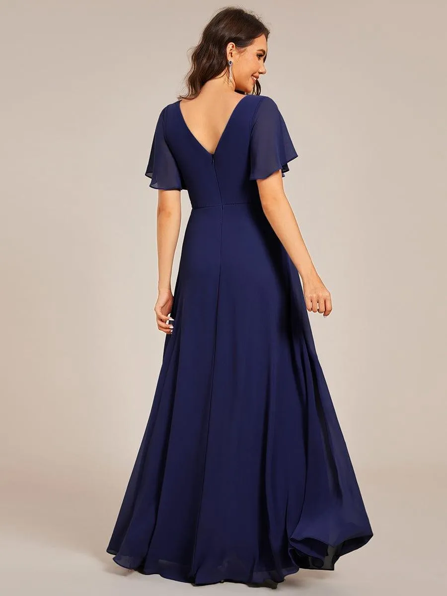 Robe de soirée longue à col en V et appliques à la taille grande taille