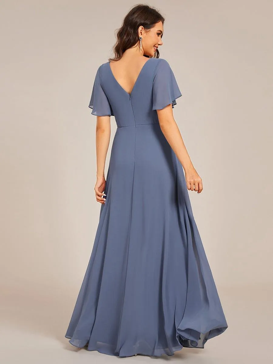 Robe de soirée longue à col en V et appliques à la taille grande taille