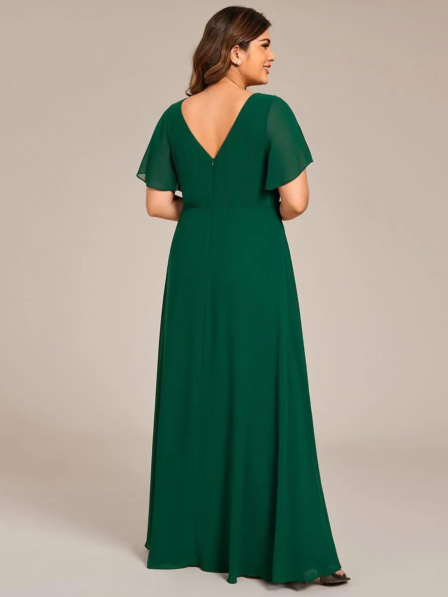 Robe de soirée longue à col en V et appliques à la taille grande taille