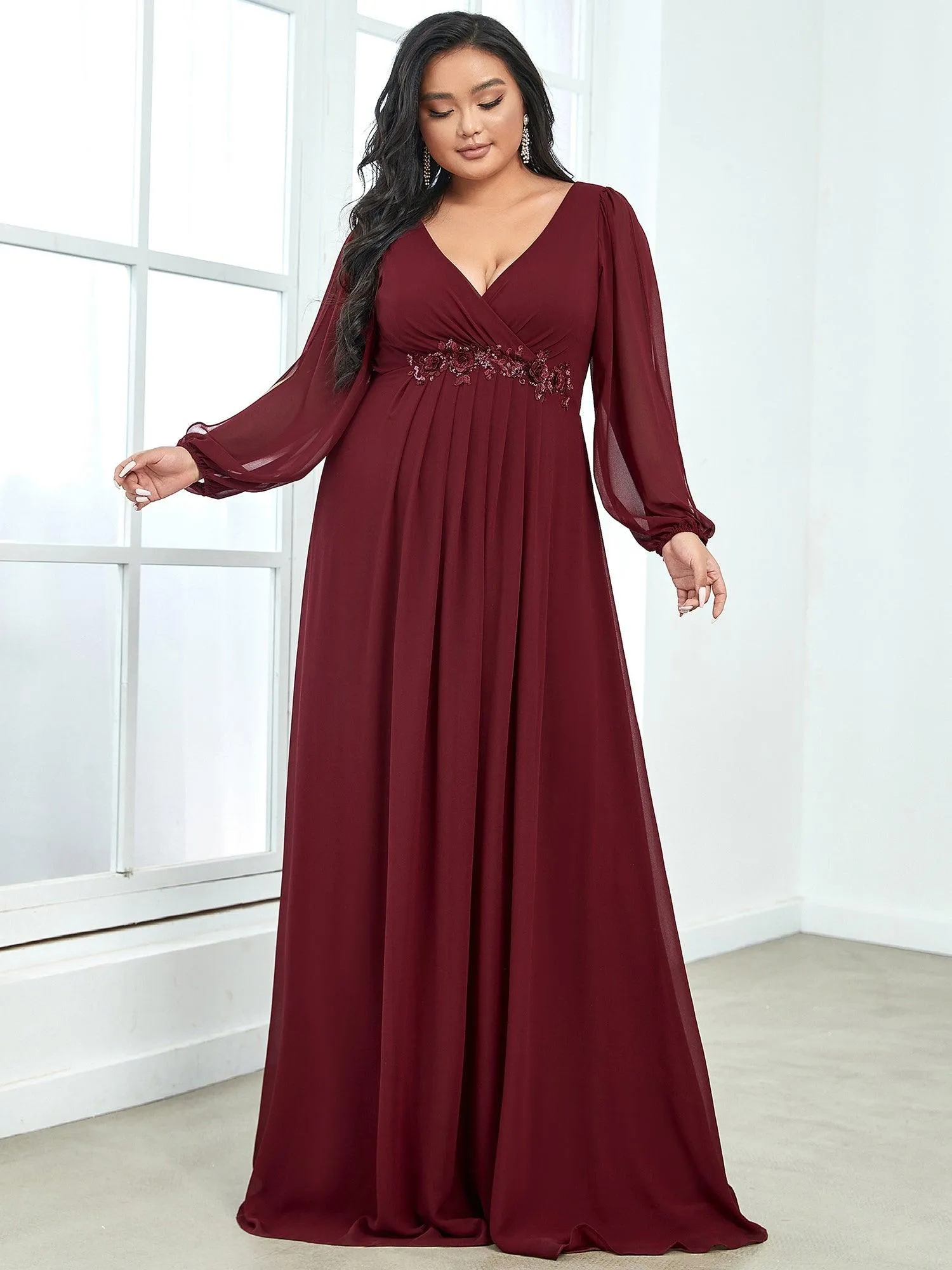 Robes de soirée élégantes en mousseline de soie grande taille avec manches longues en lanterne