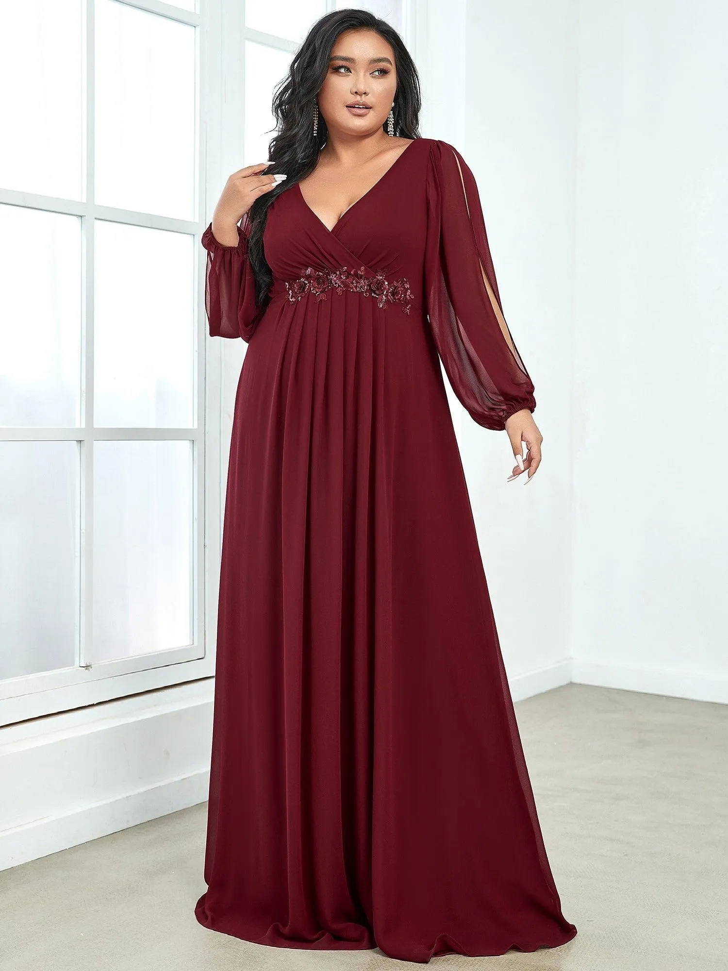 Robes de soirée élégantes en mousseline de soie grande taille avec manches longues en lanterne