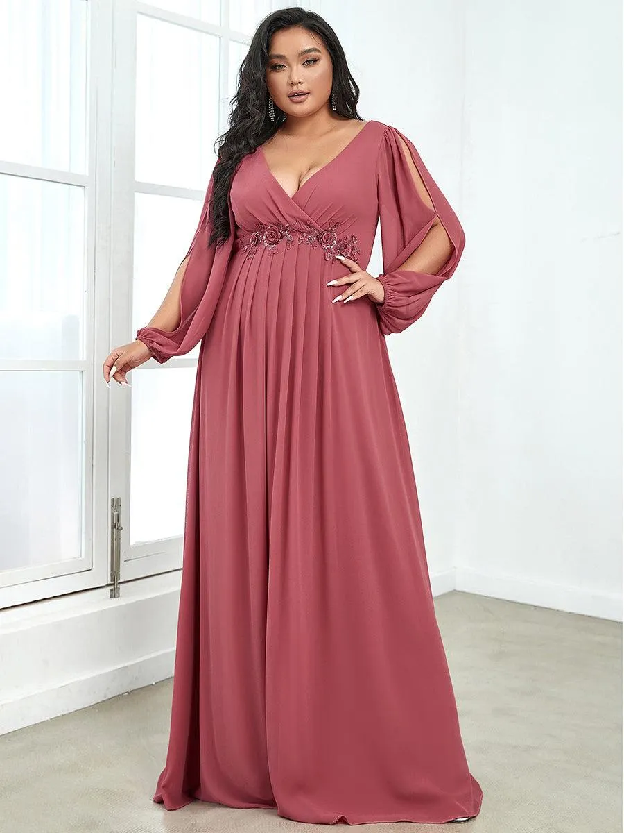 Robes de soirée élégantes en mousseline de soie grande taille avec manches longues en lanterne