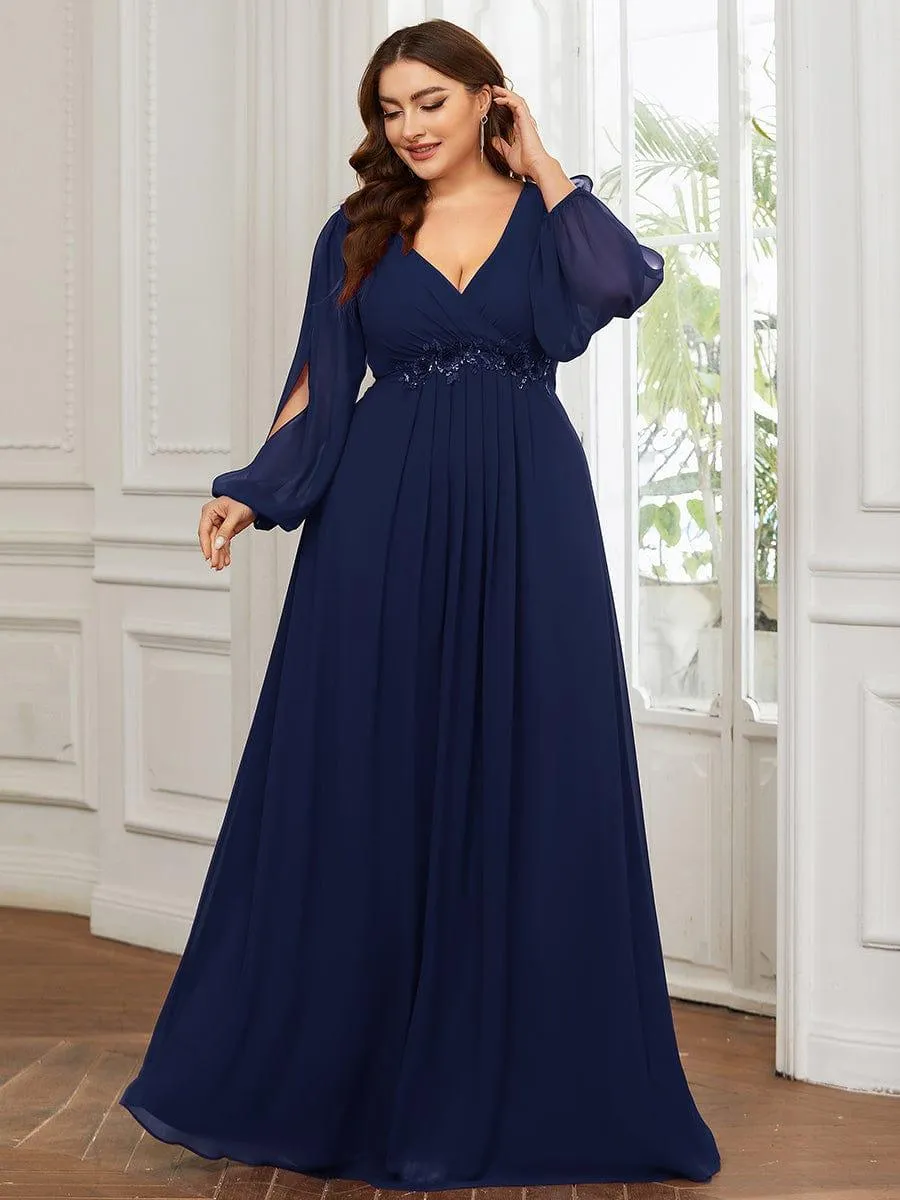 Robes de soirée élégantes en mousseline de soie grande taille avec manches longues en lanterne