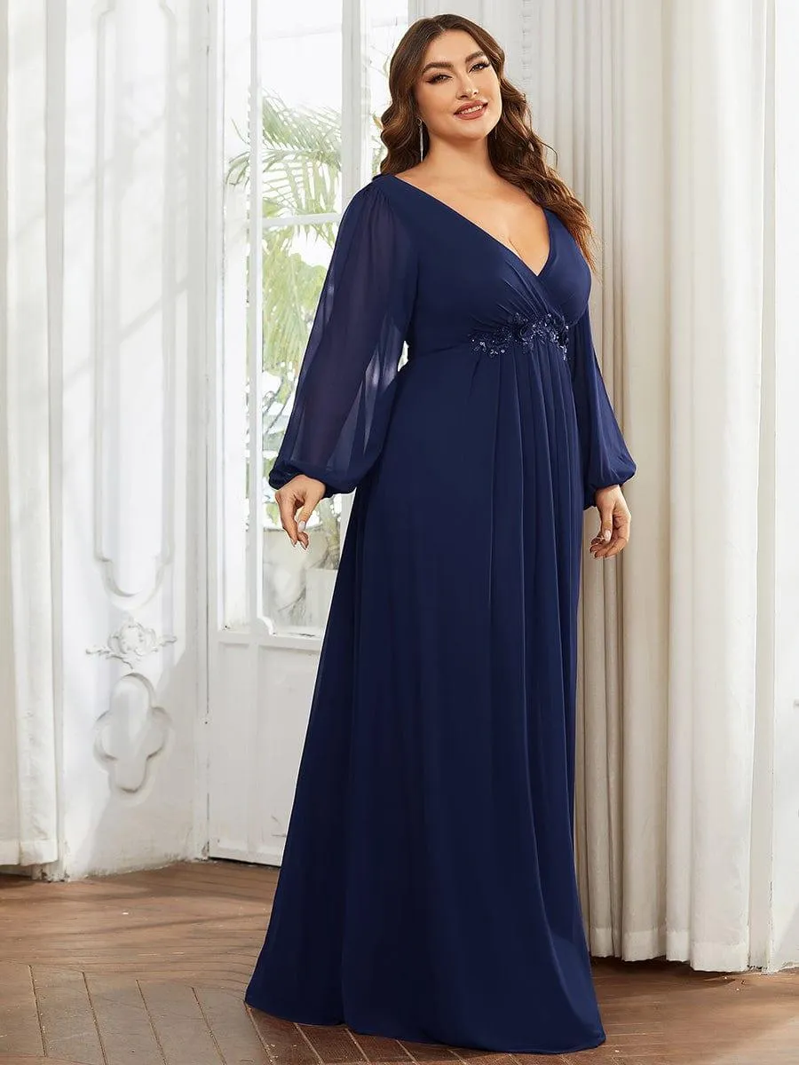 Robes de soirée élégantes en mousseline de soie grande taille avec manches longues en lanterne
