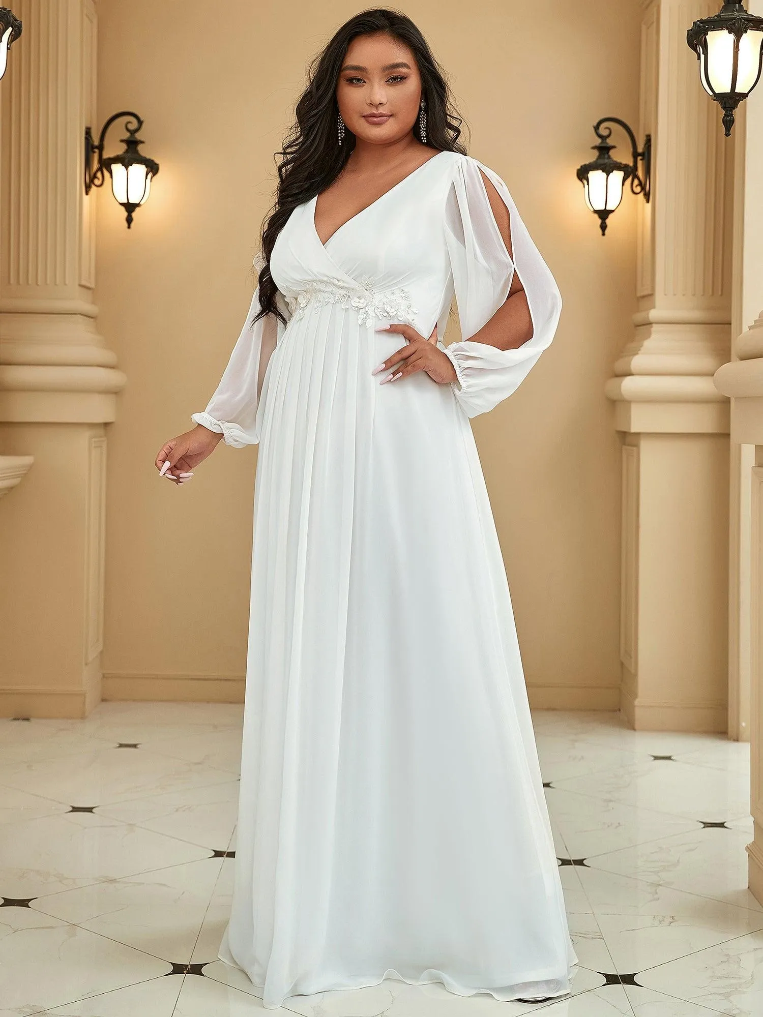 Robes de soirée élégantes en mousseline de soie grande taille avec manches longues en lanterne