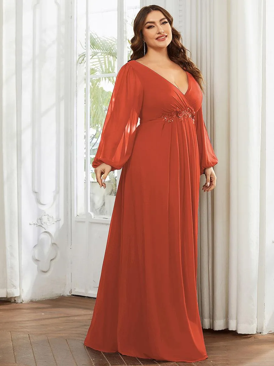 Robes de soirée élégantes en mousseline de soie grande taille avec manches longues en lanterne
