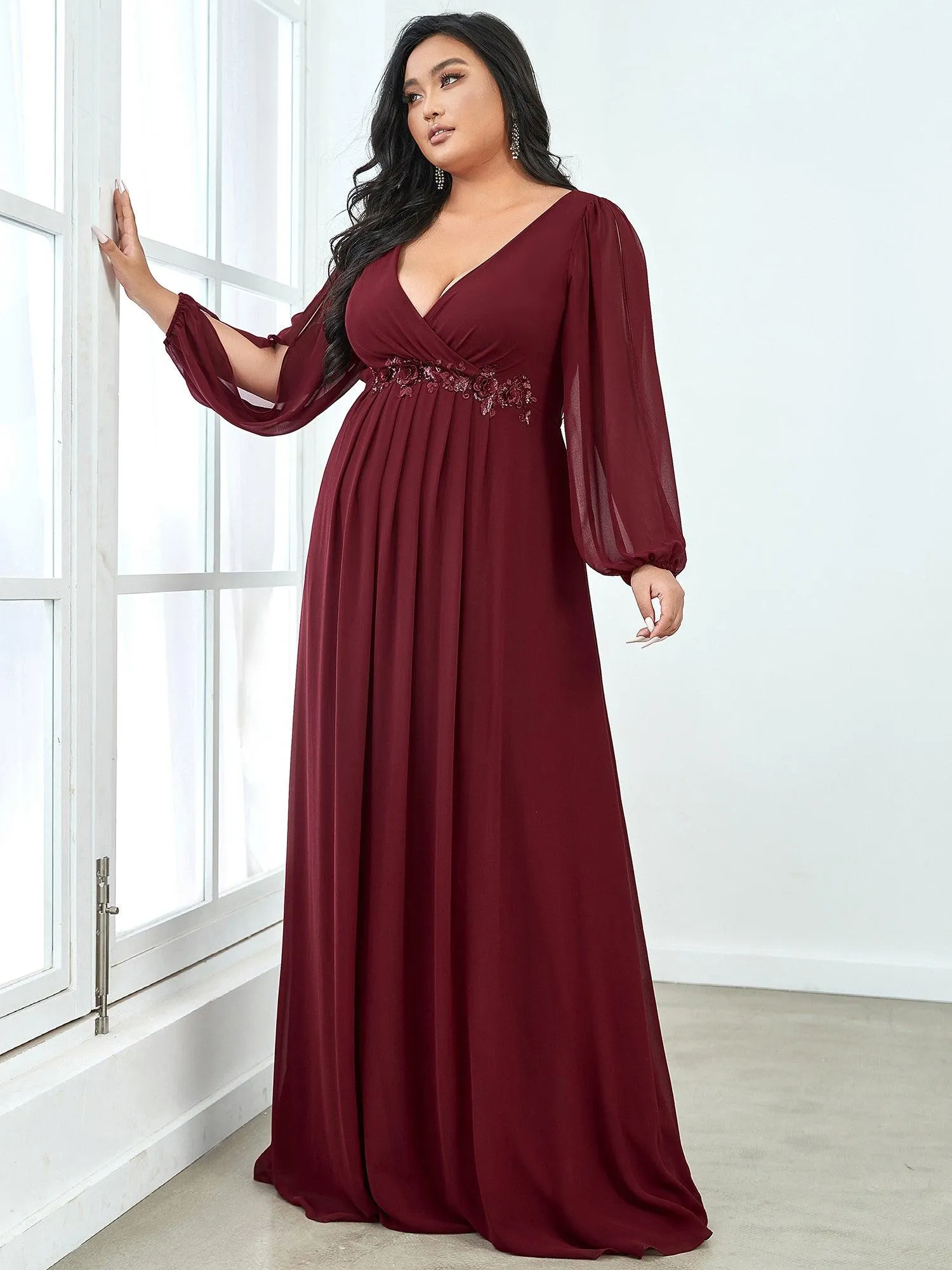 Robes de soirée élégantes en mousseline de soie grande taille avec manches longues en lanterne