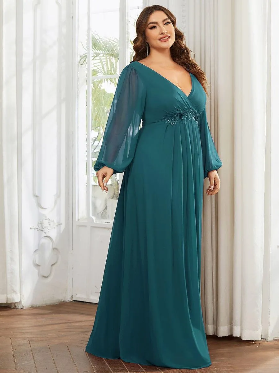 Robes de soirée élégantes en mousseline de soie grande taille avec manches longues en lanterne