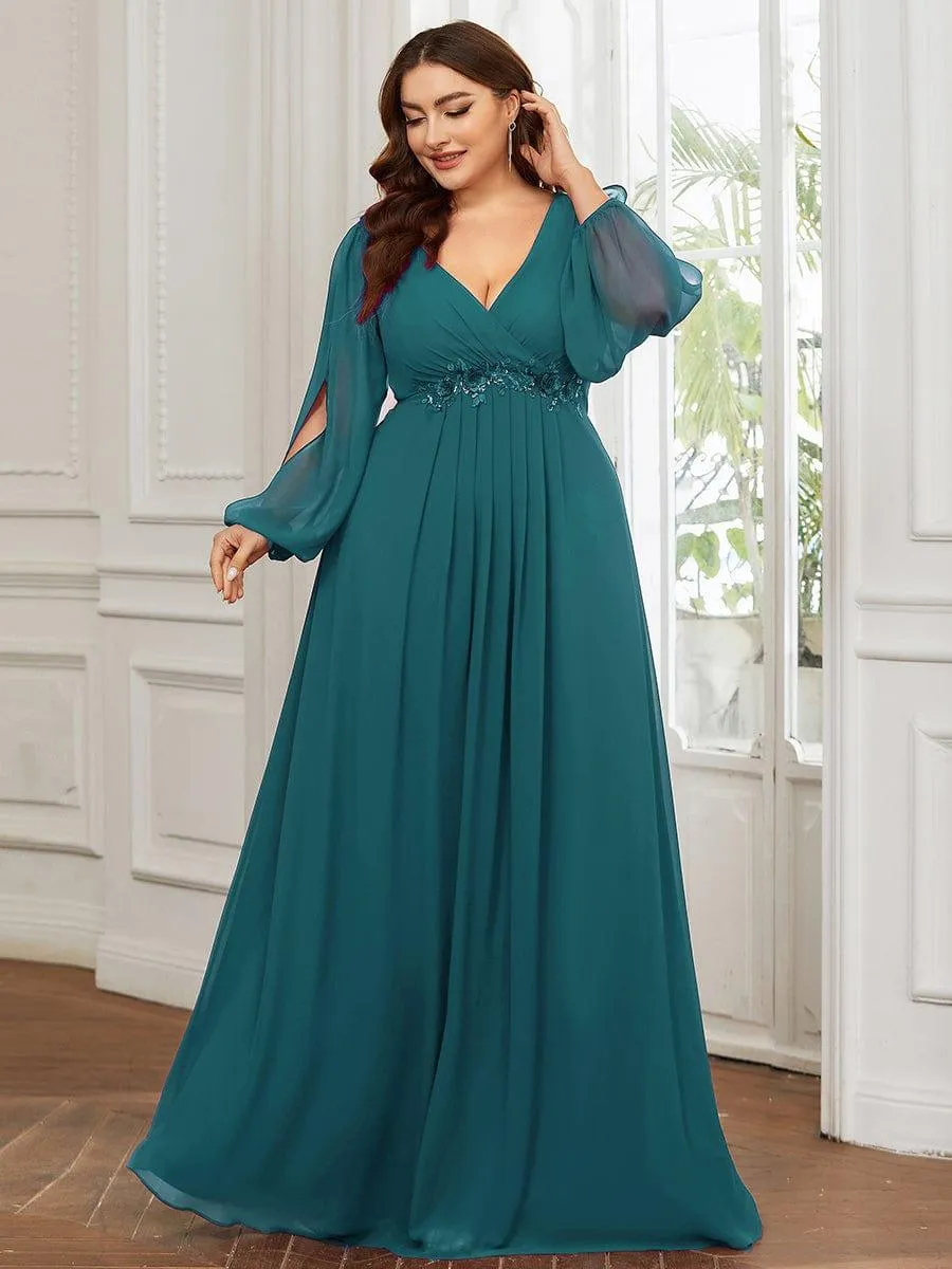 Robes de soirée élégantes en mousseline de soie grande taille avec manches longues en lanterne