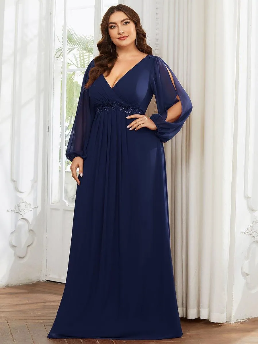 Robes de soirée élégantes en mousseline de soie grande taille avec manches longues en lanterne