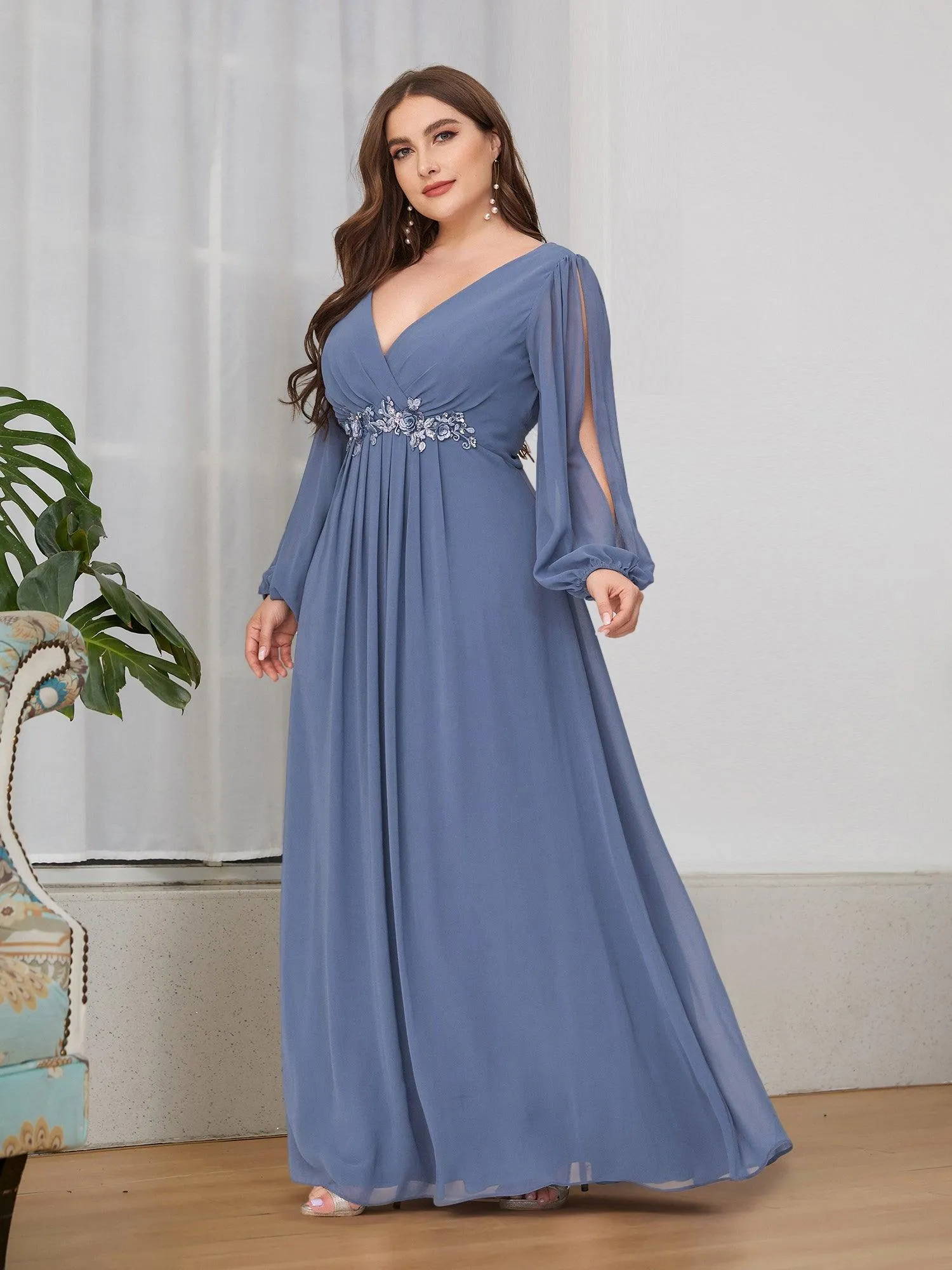 Robes de soirée élégantes en mousseline de soie grande taille avec manches longues en lanterne