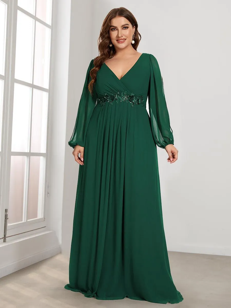 Robes de soirée élégantes en mousseline de soie grande taille avec manches longues en lanterne