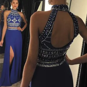 royal blue beaded prom dresses long chiffon crystals women sexy formal dresses vestido de festa