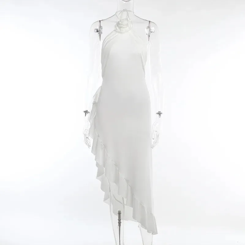 Ruffles Trim 3D Flower Sleeveless Backless Halter Neck Midi Dress
